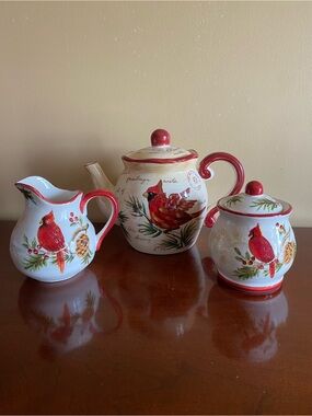 Maxcera Warm Wishes Cardinal Ceramic Tea Set with Red Trim Cream and sugar bowl